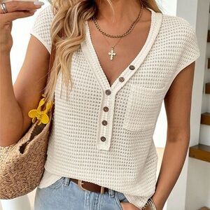 Textured V-Neck Button Short Sleeve Top - Cream